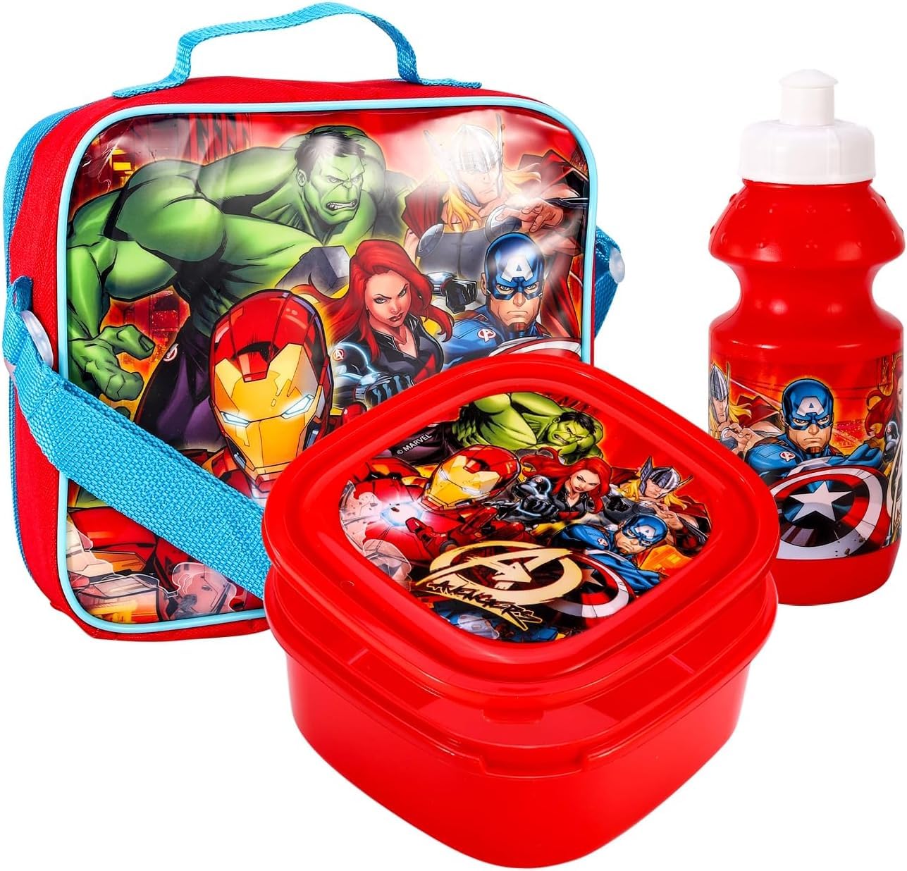 QDS Marvel Avengers Kids Insulated 3 Piece Lunch Bag School Sandwich Box & Bottle Set, Blue
