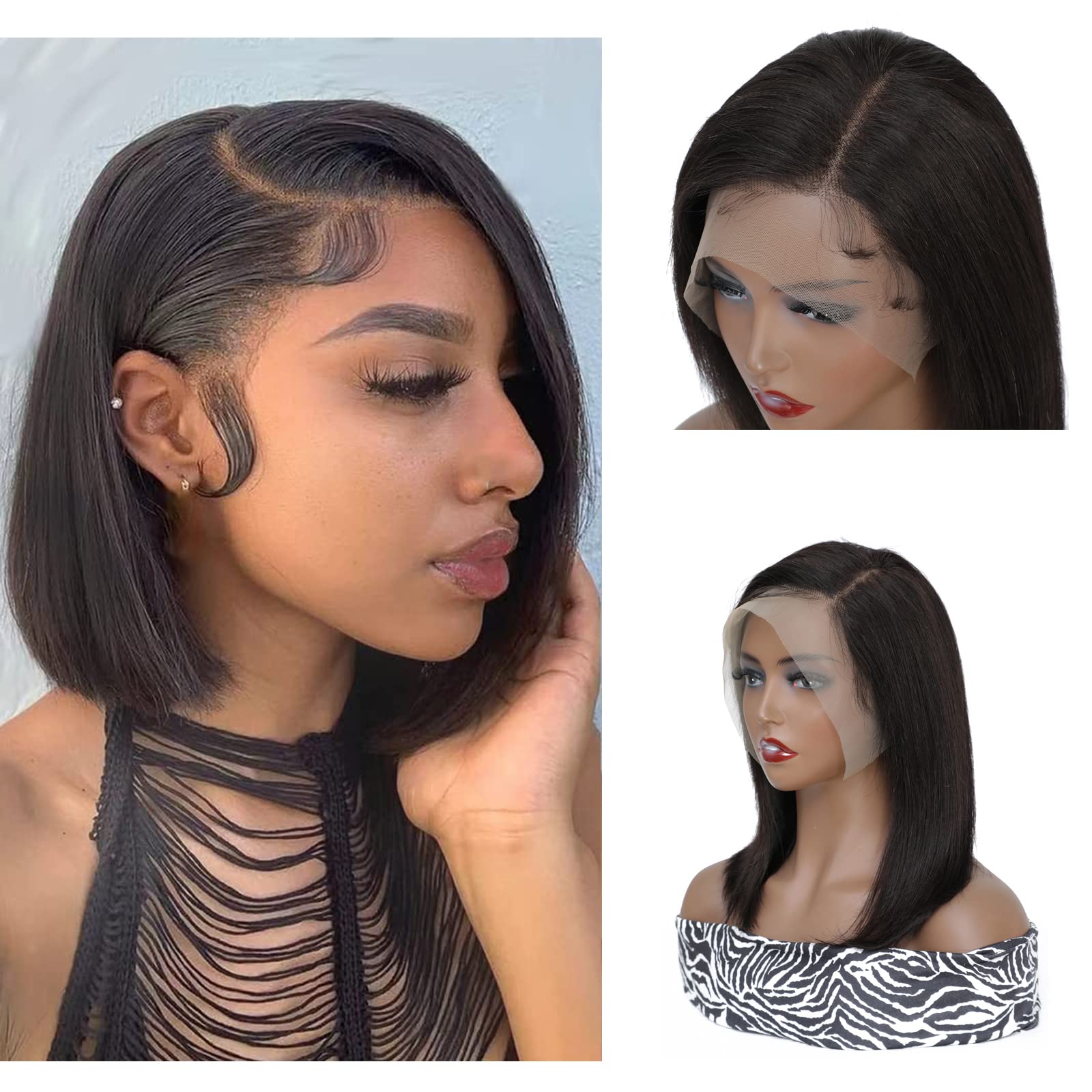 X-Tress 10" Short Bob Wig 13x4 Lace Front Wig Straight Human Hair for Women 180% Density Pre-Plucked with Baby Hair Highlight Lace Brazilian Virgin Hair Wig for Black Women Natural Looking(10 inch)