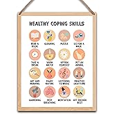 Therapy Decor, Mental Health Wood Wall Art, Healthy Coping Skills Hanging Wall Decor for Therapist, School, Classroom, Counselor, Psychologist Office - 8" x 10" - A04