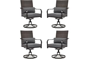 MELLCOM Patio Swivel Chair Set of 4, Outdoor Dining Chairs with Cushions & Lumbar Pillows, Wicker Chairs with Gentle Rocker for Porch, Garden, Backyard, Poolside, Deck, Grey