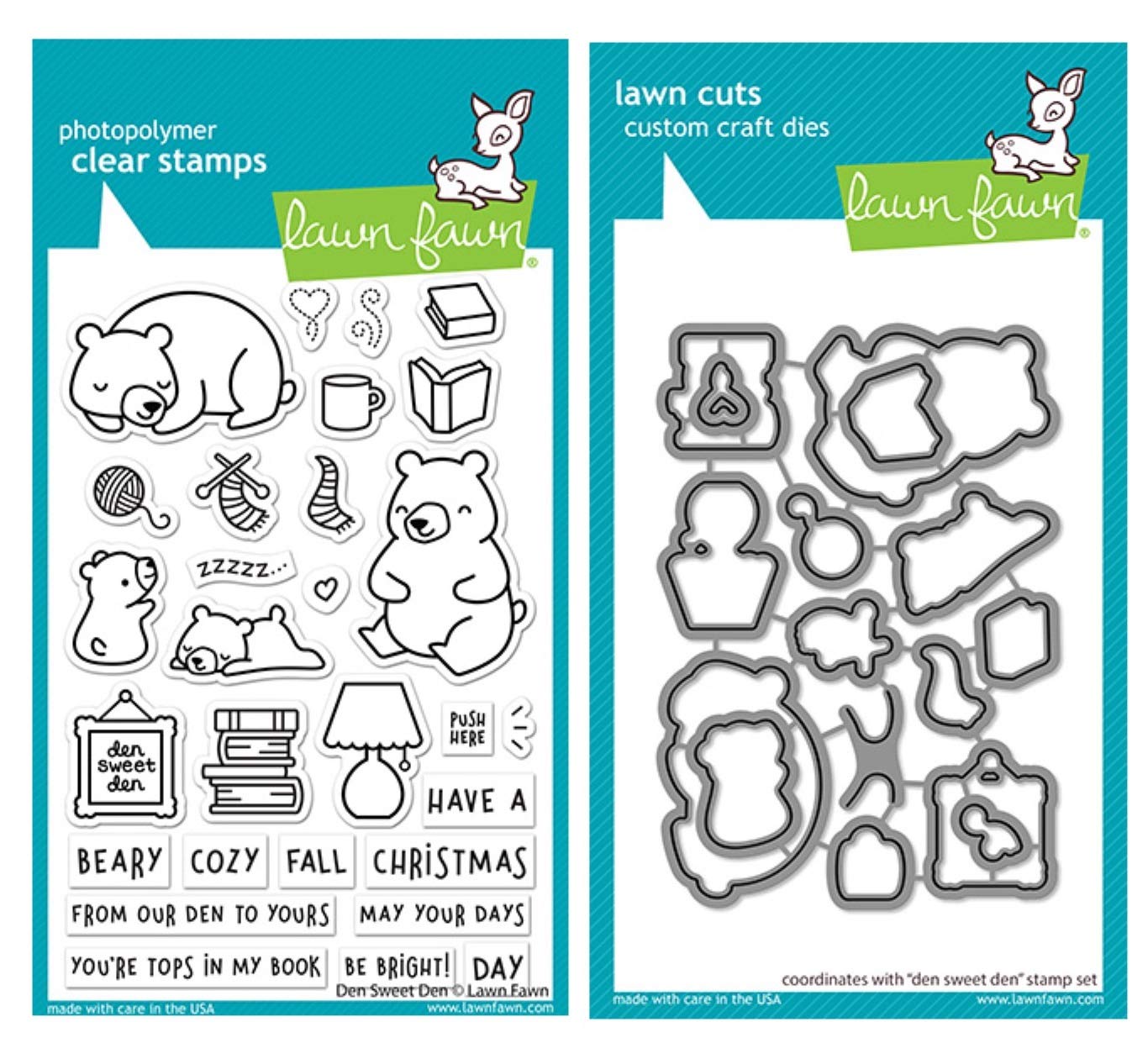 Lawn Fawn Den Sweet Den 4x6 Clear Stamp Set and Coordinating Dies (LF2409, LF2410), Bundle of 2 Items