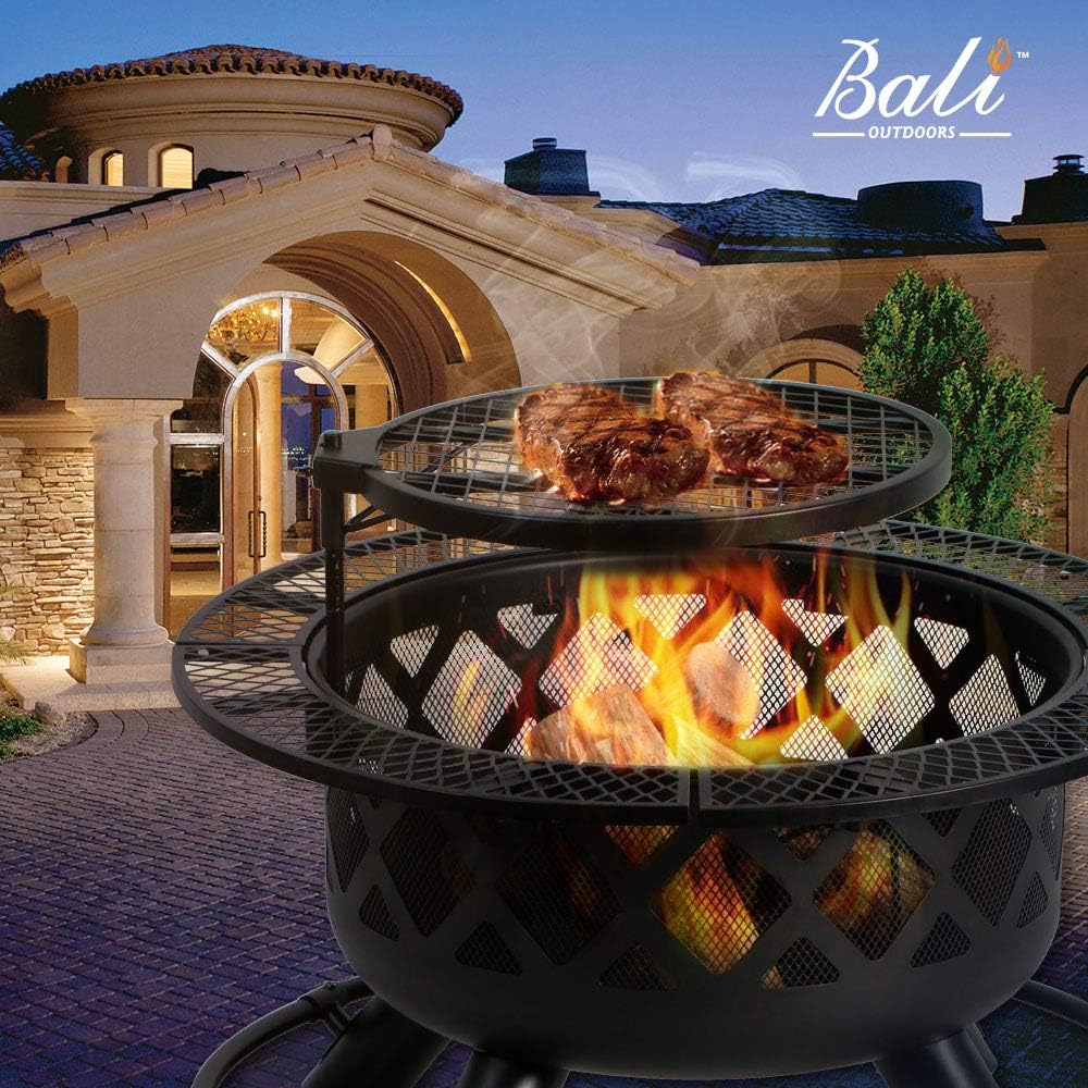 BALI OUTDOORS Wood Burning Fire Pit Backyard with Cooking Grill, 32in, Black, 24in : Garden & Outdoor