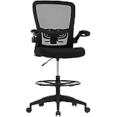 BestOffice Drafting Chair Tall Office Chair Adjustable Height with Lumbar Support Flip Up Arms Footrest Mid Back Task Mesh Desk Chair Computer Chair Drafting Stool for Standing Desk (B-Black)