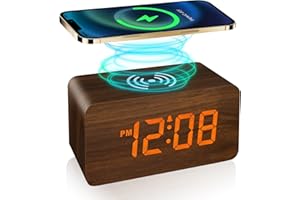 CLEVER BRIGHT Wooden Digital Alarm Clocks with wireless charging for Bedrooms LED Display for Desks, Adjustable Brightness, Voice Control, and a Triple Digital Clock with Adjustable Brightness and Voice Control