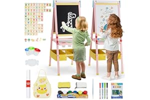 HOMMOW Art Easel for Kids, Height Adjustable Kid Easel with Paper Roll, Toddler Art Easel with Double Sided Magnetic Board and Accessories, Perfect Painting for Kids, Pink