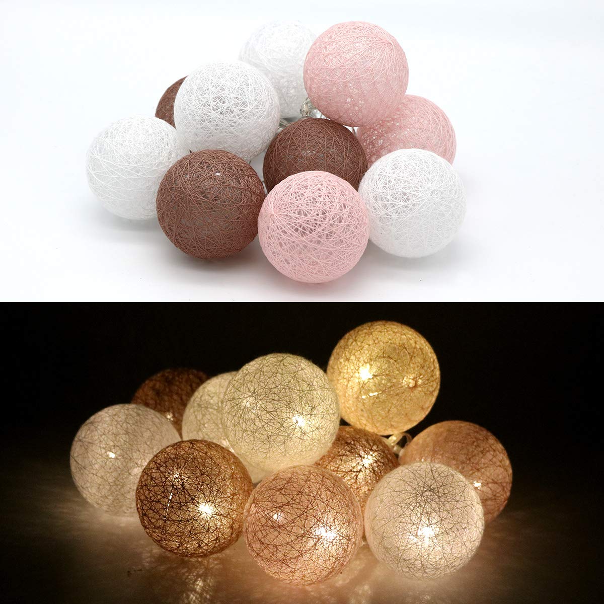 TRONJE 10 LED 6cm Cotton Ball String Lights - 4h-Timer 6,2ft Fairy Lights - Portable Battery Powered Wall Light - Brown-Pink Warm White