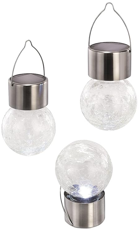 Esotec Solar Hängeleuchten 3-er Set Crackle Balls, echts Glasdesign mit Hängebügel 102304