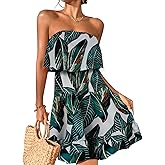 Women Beach Sun Dresses Tropical Summer Casual Ruffle Hem Strapless Tube Dress