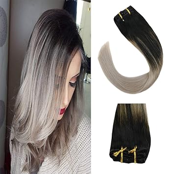 Sunny Hair Extensions Clip In Ombre 16 Inch Human Hair Balayage Color Off Black Ombre To Grey Clip In Extensions Double Weft Remy Hair Clip On Ombre