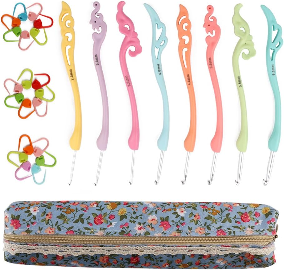 CCMART Ergonomic Crochet Hooks Set, 8pcs Colorful Knitting Needles Knit Kit with Zippered Pouch Best Gift!