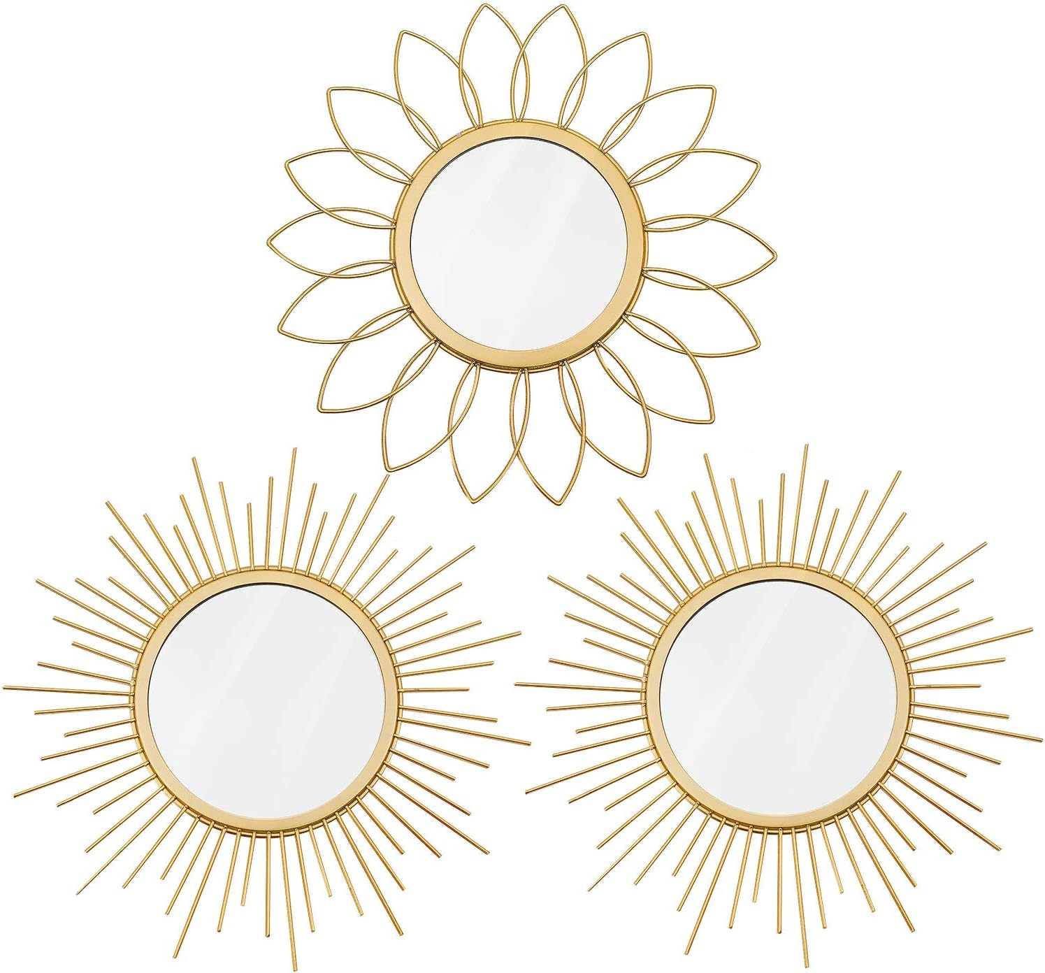 3 Pack Gold Mirrors for Wall Metal Sunburst Wall Mirrors Home Décor Decorative Hanging Wall Art for Living Room Bedroom Entryway