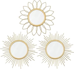 3 Pack Gold Mirrors for Wall Metal Sunburst Wall Mirrors Home Décor Decorative Hanging Wall Art for Living Room Bedroom Entryway
