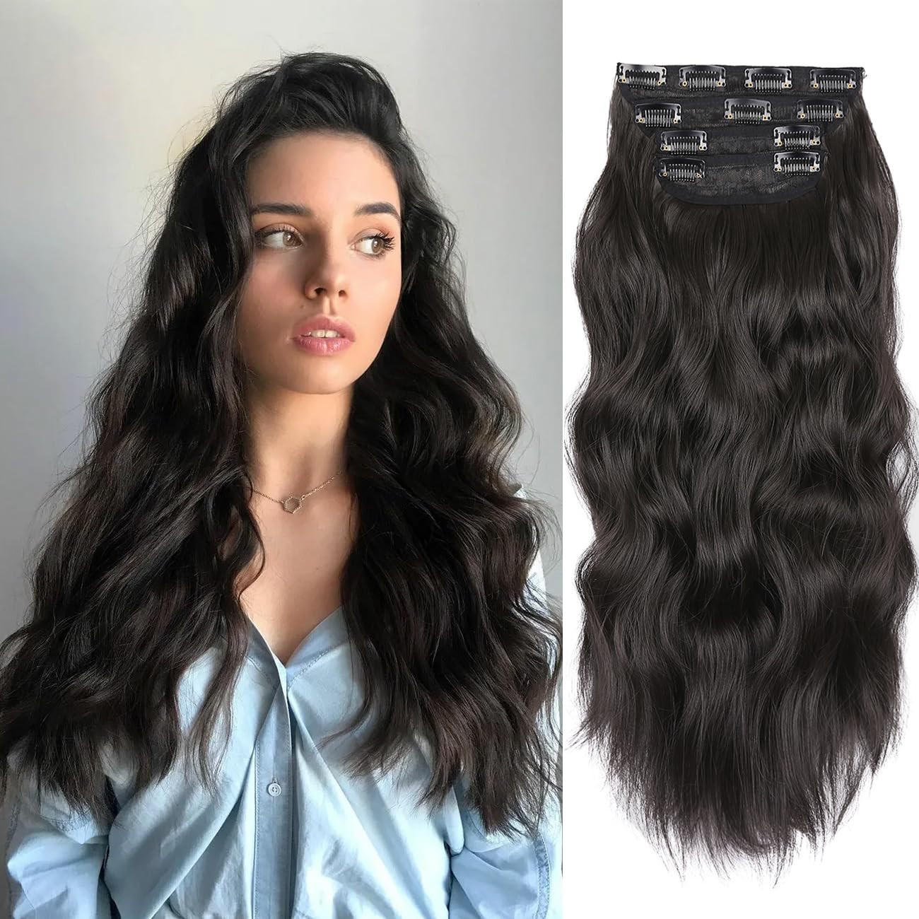 Photo 1 of 20 Inches Hair Extensions Clip ins, 4Pcs Clip in Hair Extensions, Synthetic Curly Hair Extension Clip in Human Hair (Color: Black with a Hint of Brown Gloss)