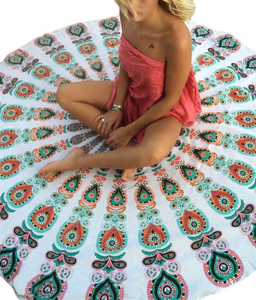EVALESS Indian Mandala Roundie Beach Throw Tapestry Round Yoga Mat White