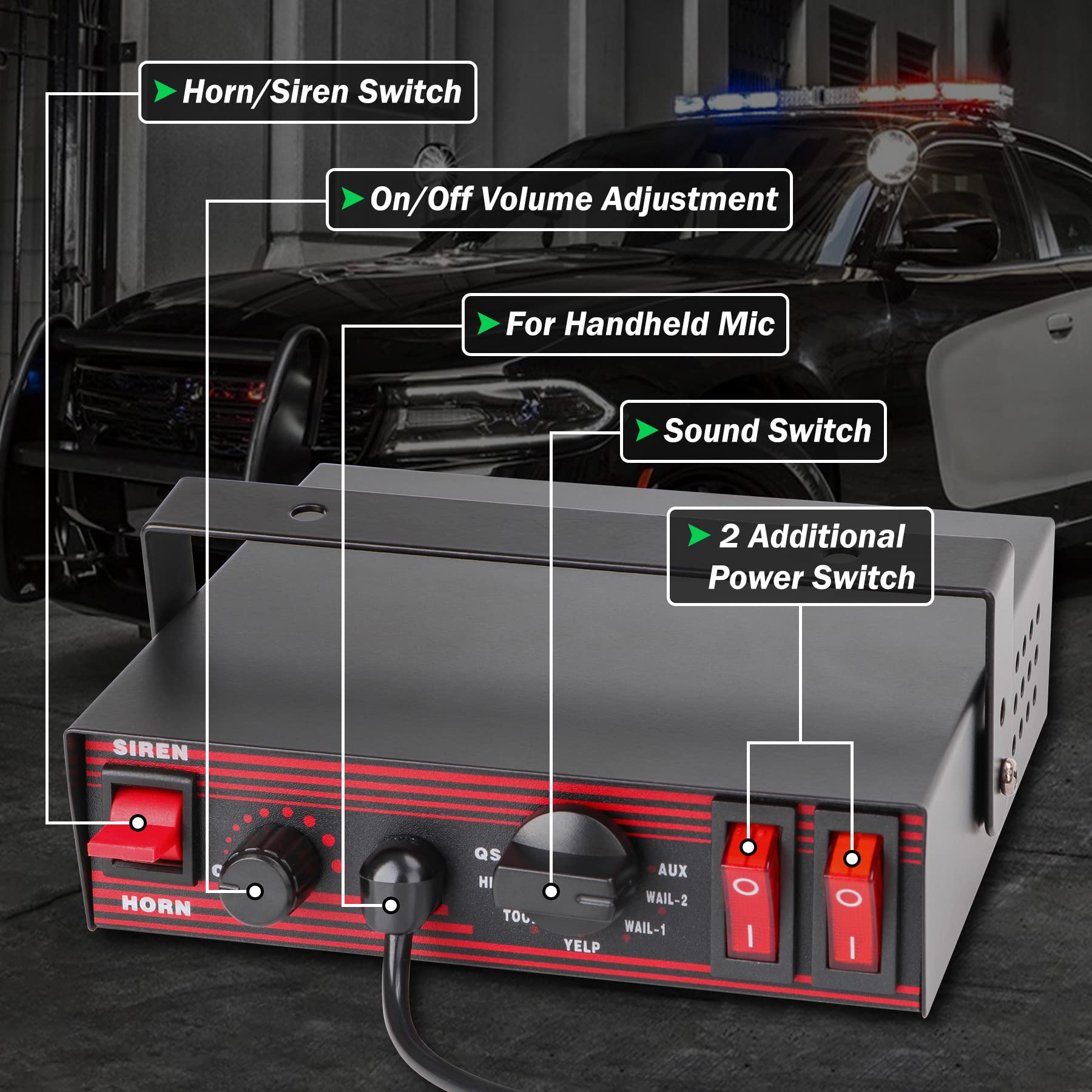 Police Siren for Car 8 Tones Warning Emergency Siren PA System with Handheld Microphone 12V 200W for Police car,The Ambulance,Fire Truck,Engineering Siren for Vehicle