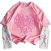 BEAUDRM Men's Graphic Shirts Y2k Long Sleeve Crew Neck Grunge 2 in 1 T-Shirts Streetwear