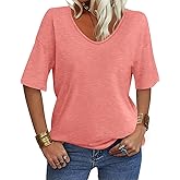 EasyGala Women's V Neck Tops Elbow Length Shirts Loose Fit Summer Tops Basic Tees