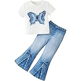 Ltvoo Toddler Girls 2 Piece Outfits Crew Neck Short Sleeve Tee Butterfly Graphic Top and Flared Leg Pants Denim Pants 4-7Y