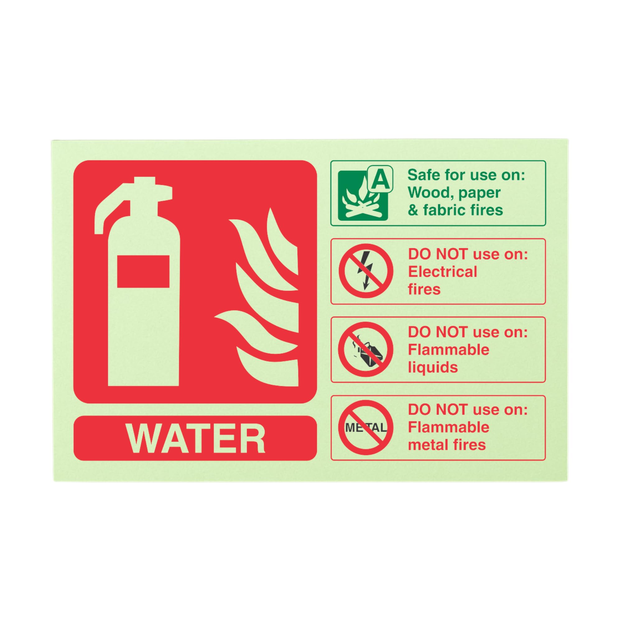 V Safety Glow In The Dark Water Id Fire Extinguisher Sign - 150mm x 100mm - Self Adhesive Vinyl