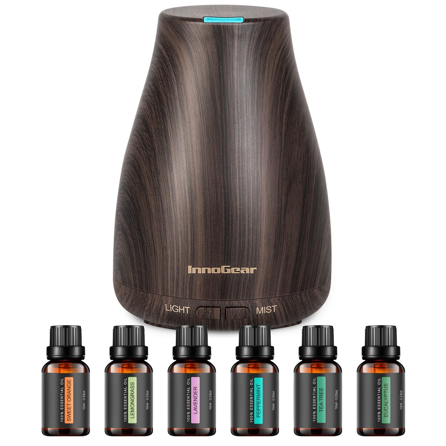 InnoGear Essential Oil Diffuser with Oils, 100ml Aromatherapy Diffuser with 6 Essential Oils Set, Aroma Cool Mist Humidifier Gift Set, Dark Wood Grain