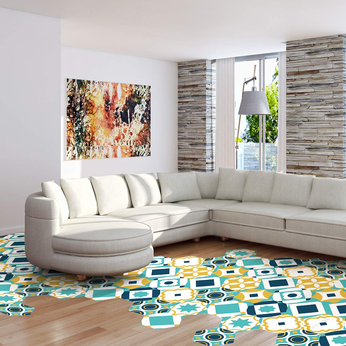 Ambiance Sticker Peel and Stick Decorative Hexagon Litiana Floor Tile, DIY Home Decor, Peel and Stick Removable Stickers, Waterproof Non-Skid Sticker - H40 x L90 cm - 10 Stickers of 20 x 18 cm