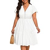 Plus Size Summer Dress - Casual Boho Sundress Eyelet Lace V Neck Short Sleeve Tiered A-Line Midi Flowy Sun Dresses Women