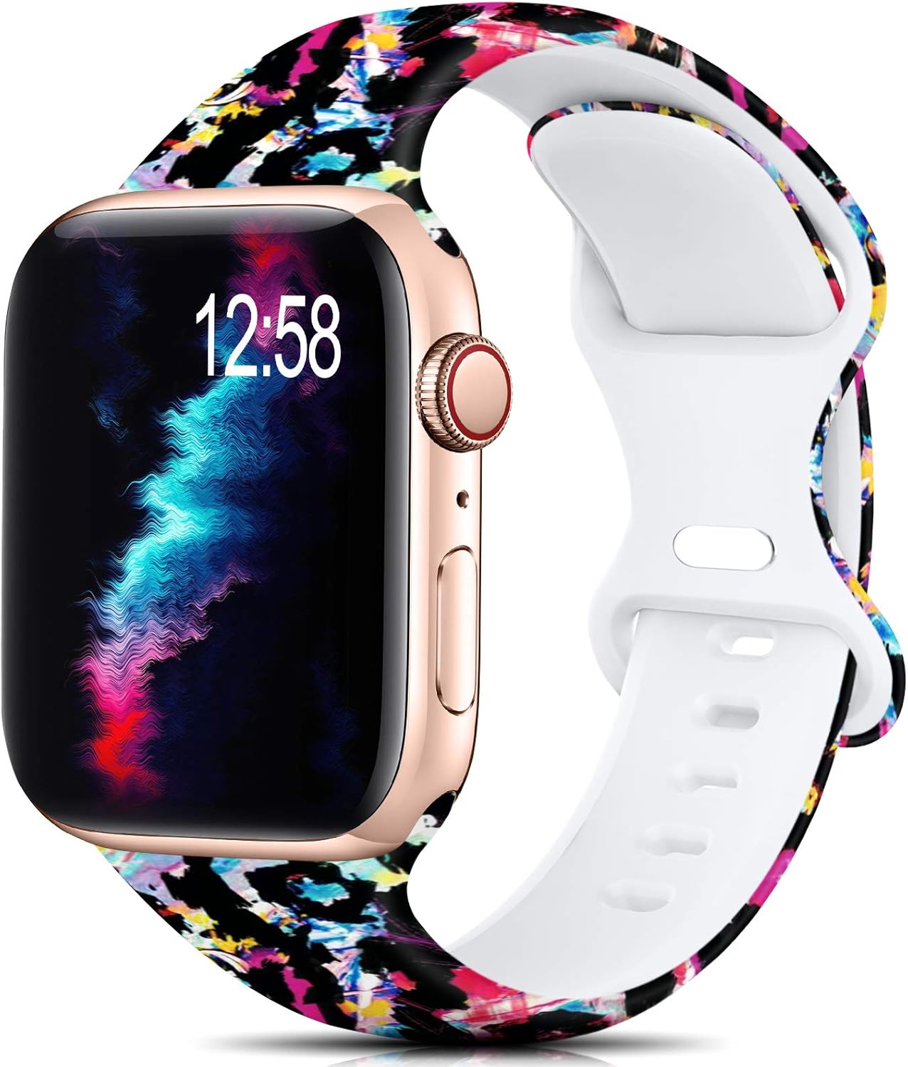 Sport Band Compatible with Apple Watch Bands 38mm 40mm 42mm 44mm Size for Women Men Girls,Floral Silicone Printed Fadeless Pattern Band for iWatch series 6 5 4 3 2 SE