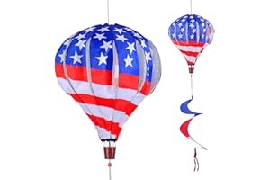 BATTIFE 2Pcs Patriotic Hot Air Balloon Wind Spinner, American Flag Kinetic Wind Twister with Tail, Outdoor Spiral Windmill Garden Yard, 4th of July Hanging Decoration