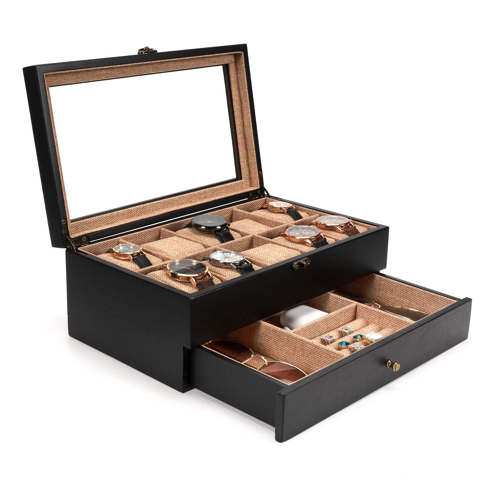 Emfogo Watch Box - 10 Slot Watch Case for Men Women, Wooden Watch Holder Organizer Display for Mens, Gift For Boyfriend Fathers Day Birthday Gifts (Black)