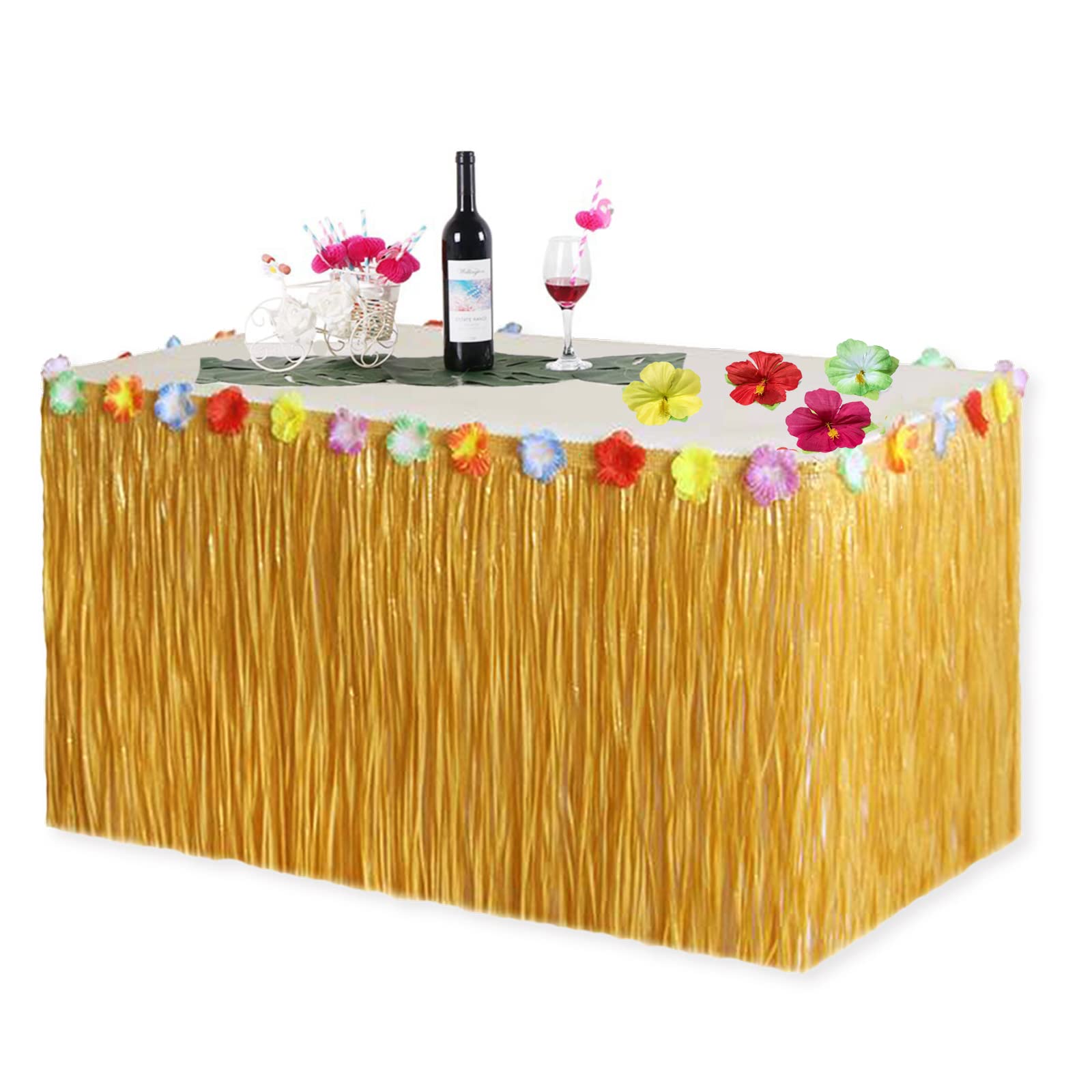 VIKSAUN Table Skirt, Hawaiian Table Skirt, Hawaiian Hibiscus Grass Table Skirt with Silk Flowers, for Bbq Tropical Garden Beach Summer Party Decorations, Events, Birthdays, Celebration (1 Pcs)
