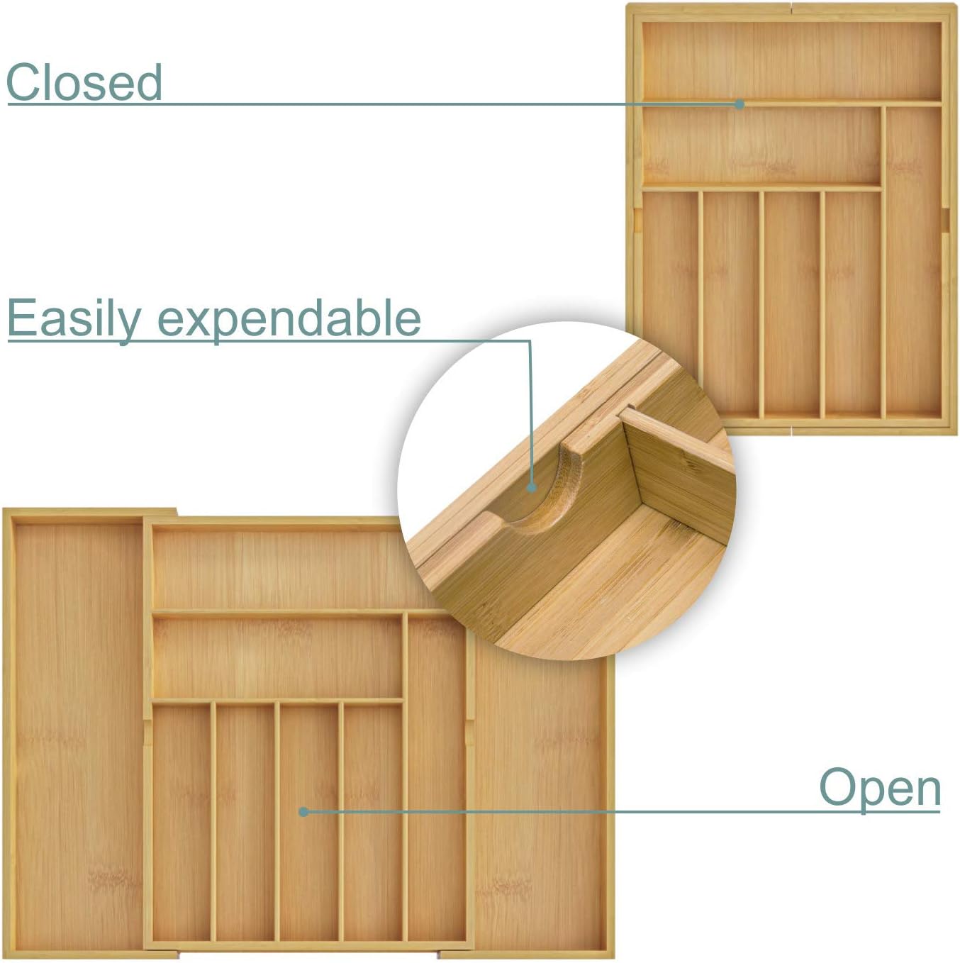 BAMEOS Utensil Drawer Organizer, Cutlery Tray Desk Drawer Organizer Silverware Holder Kitchen Knives Tray Drawer Organizer, 100% Pure Bamboo Expandable Adjustable Cutlery: Home Improvement
