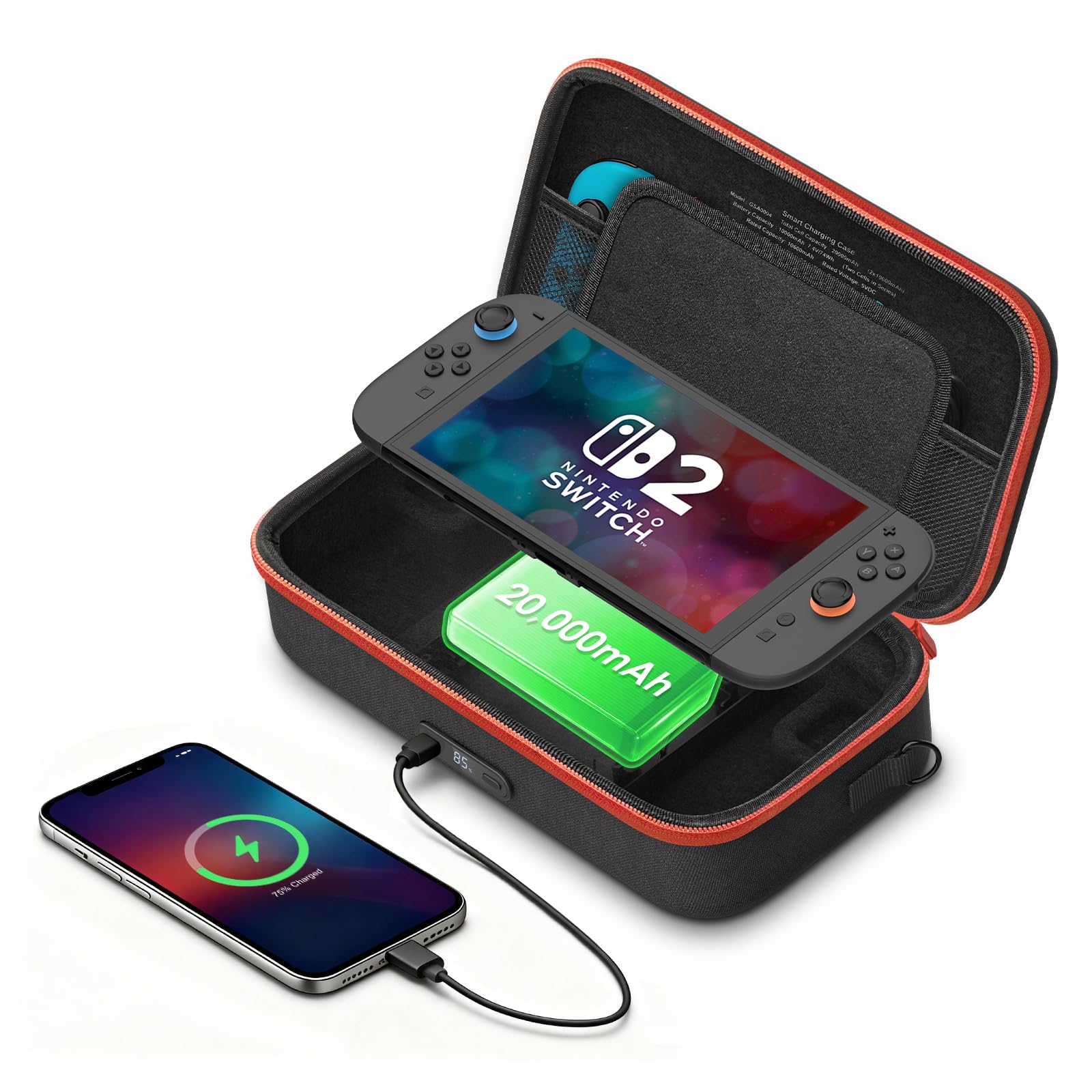 VAWVVA Charging Case for Nintendo Switch 2 - 20,000mAh Battery Power Bank Carrying Bag for Travel, 35W Magnetic USB-C Output, Protective Hard Shell & Adjustable Shoulder Strap