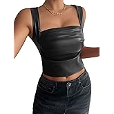 SHENHE Women's PU Leather Deep Square Neck Tank Tops Ruched Fitted Sleeveless Crop Tops