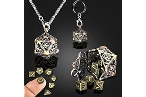HAOMEJA Mini DND Dice Metal 7pcs Set Tiny Small Polyhedral D&D Dice Set with Hollow D20 Necklace & Keychain Portable & Dragon Eye Bag Apply to Dungeons and Dragons Dice (Red Copper & Mini Bronze)