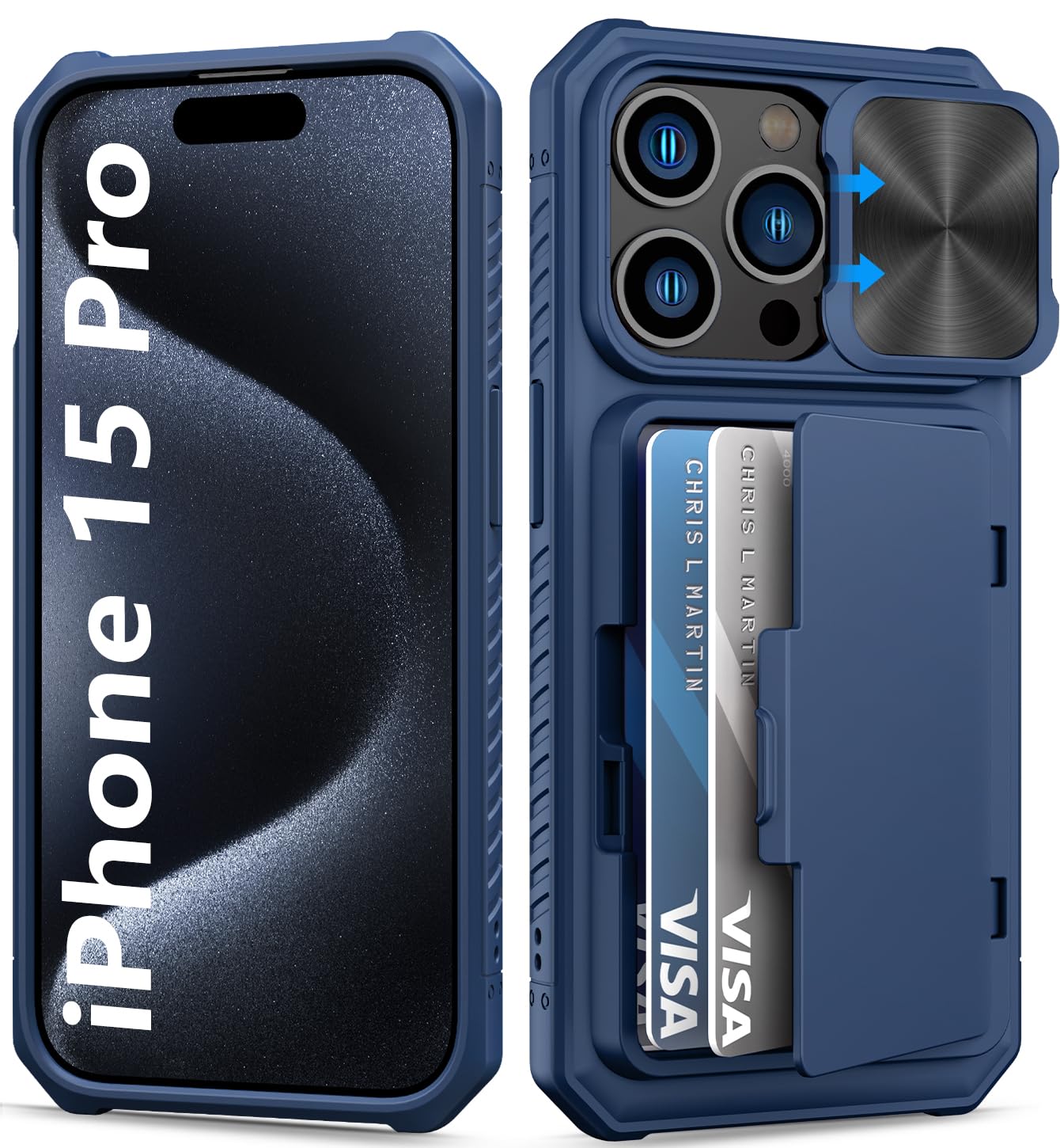 Photo 1 of BXYJY for iPhone 15 Pro Wallet Case, Slide Camera Cover, Military Grade Protection, Built-in Credit Card Holder (4-5 Cards), Heavy Duty Men Women Protective Phone Case for iPhone 15 Pro 6.1", Blue