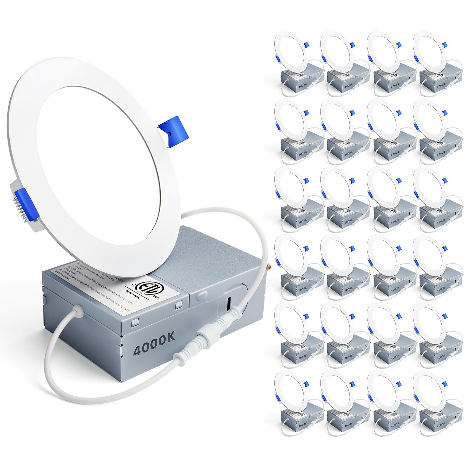 Ensenior 24 Pack 4 Inch LED Recessed Ceiling Light, Dimmable, 4000K Cool White, 750LM 9W 120V, High Brightness Canless Wafer Downlight - ETL&FCC&IC Image Ensenior 24 Pack 4 Inch LED Recessed Ceiling Light, Dimmable, 4000K Cool White, 750LM 9W 120V, High Brightness Canless Wafer Downlight - ETL&FCC&IC Image