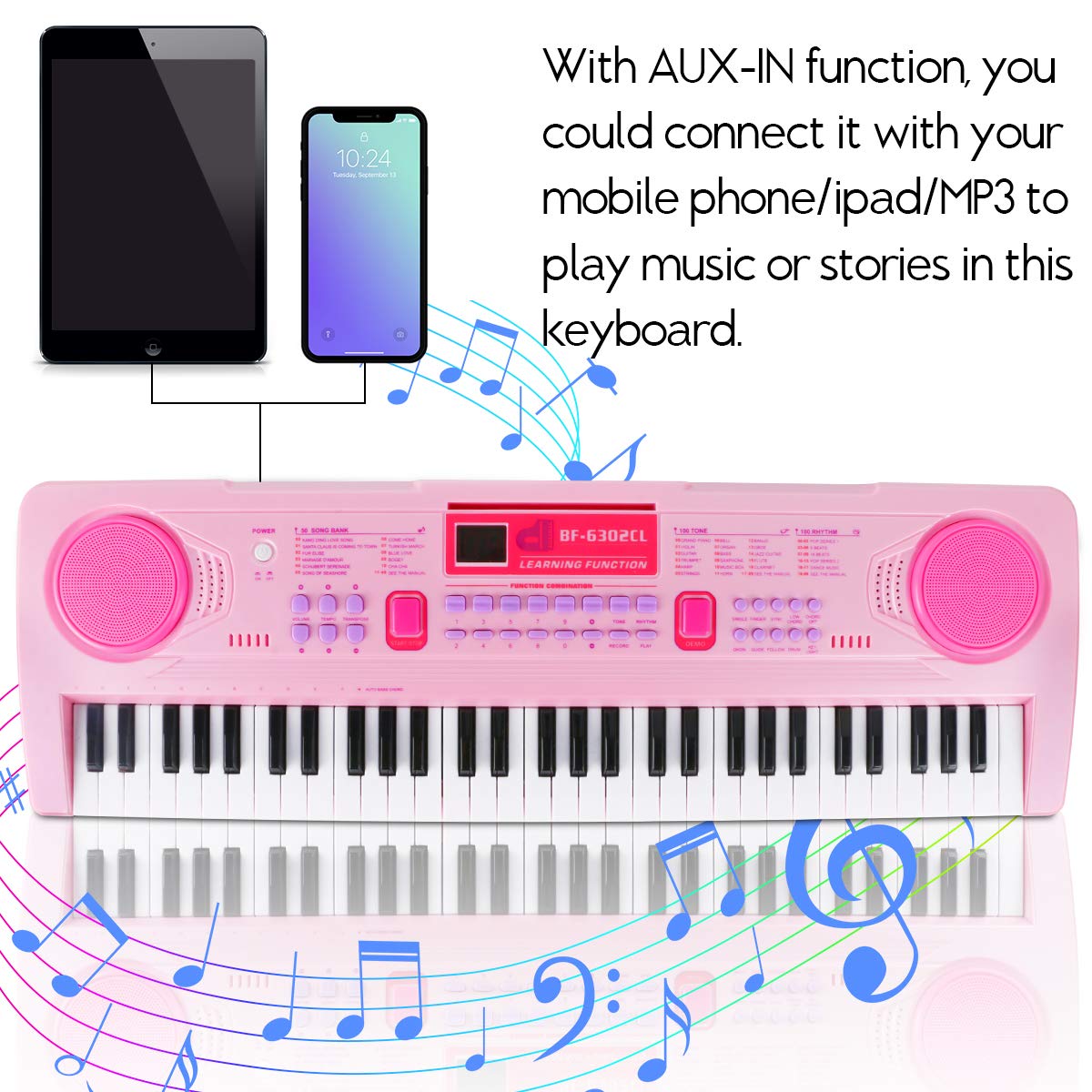 WOSTOO Electric Keyboard Piano for Kids-Portable 61 Key Electronic Musical Karaoke Keyboard, Learning Keyboard for Children w/Drum Pad, Recording, Microphone, Pink