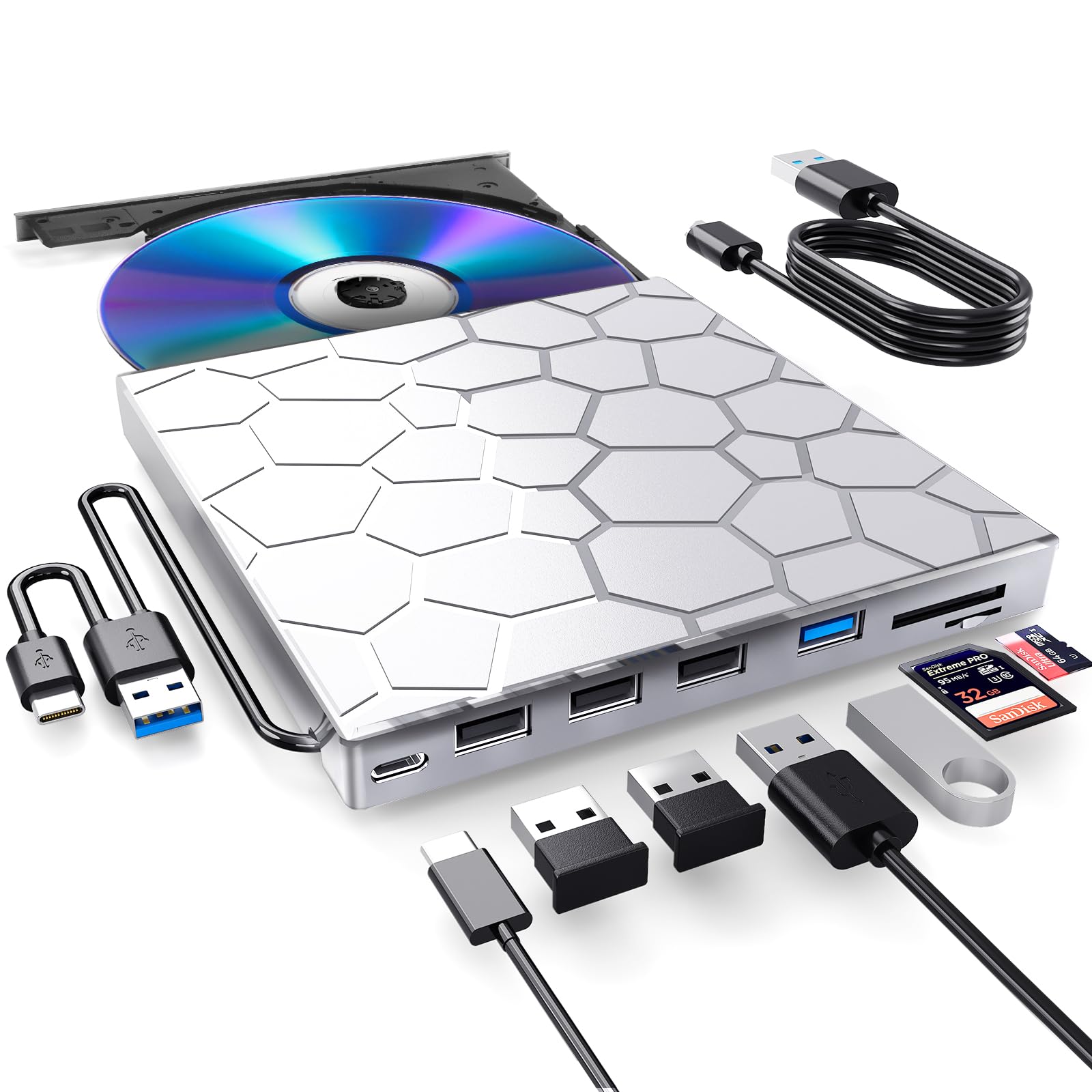 Photo 1 of BPAKDU External CD/D1VD Drive for Laptop, DVD Player for Laptop, 8 in 1 USB 3.0 Ultra-Slim Portable (Silver)