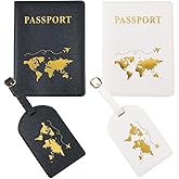 CALFOVERA 2 Set Mr and Mrs PU Leather Travel Holder Set Honeymoon Map Passport Covers Card Protector Sleeve Books Case with Luggage Suitcase Tags Travel ID Labels Black White for Couples Bridal Shower