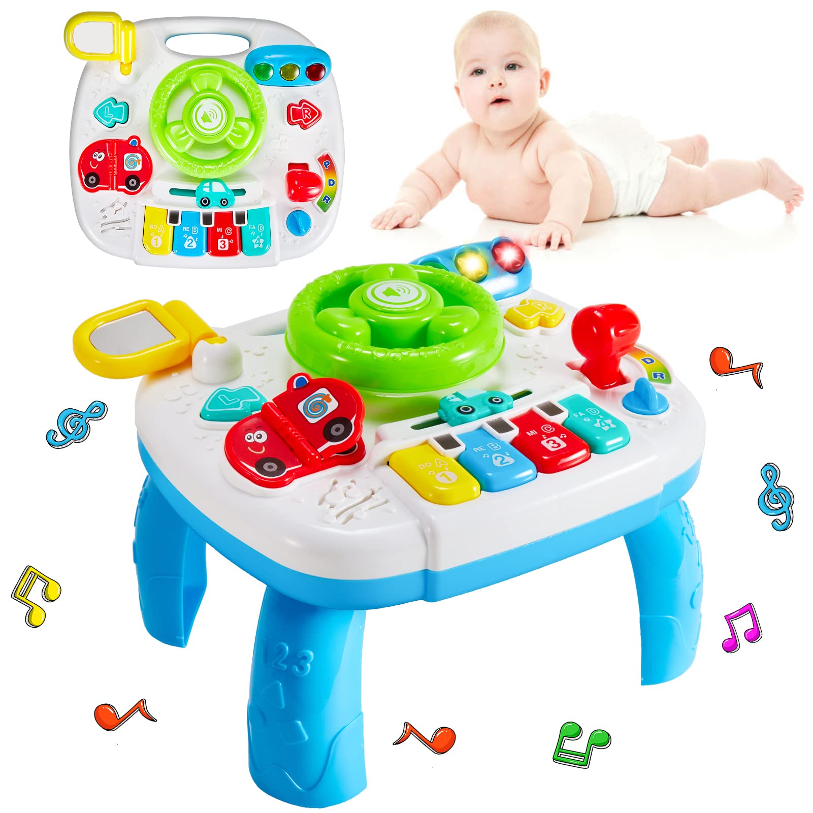 HERSITY Activity Table Baby Toys 6 Months Plus, Musical Learning Table Steering Wheel Toy, Educational Sensory Toys for Toddler Boys Girls First Birthday Gift 9 to 12 Months 1 Year