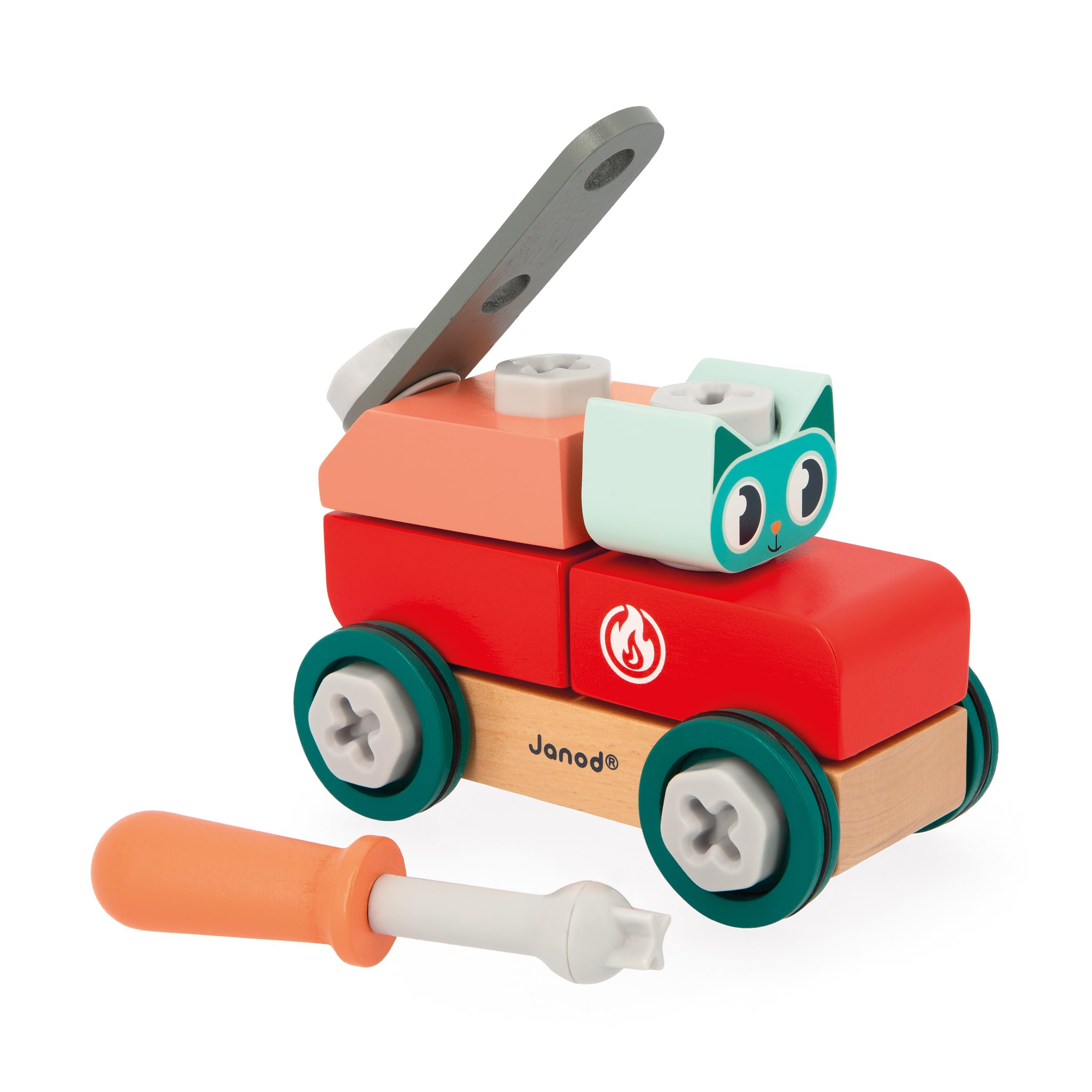 Janod - My First Construction Game - Cat DIY Car - 29 Elements - Pretend Play - Develops Dexterity & Creativity - 36 Months + - J06452