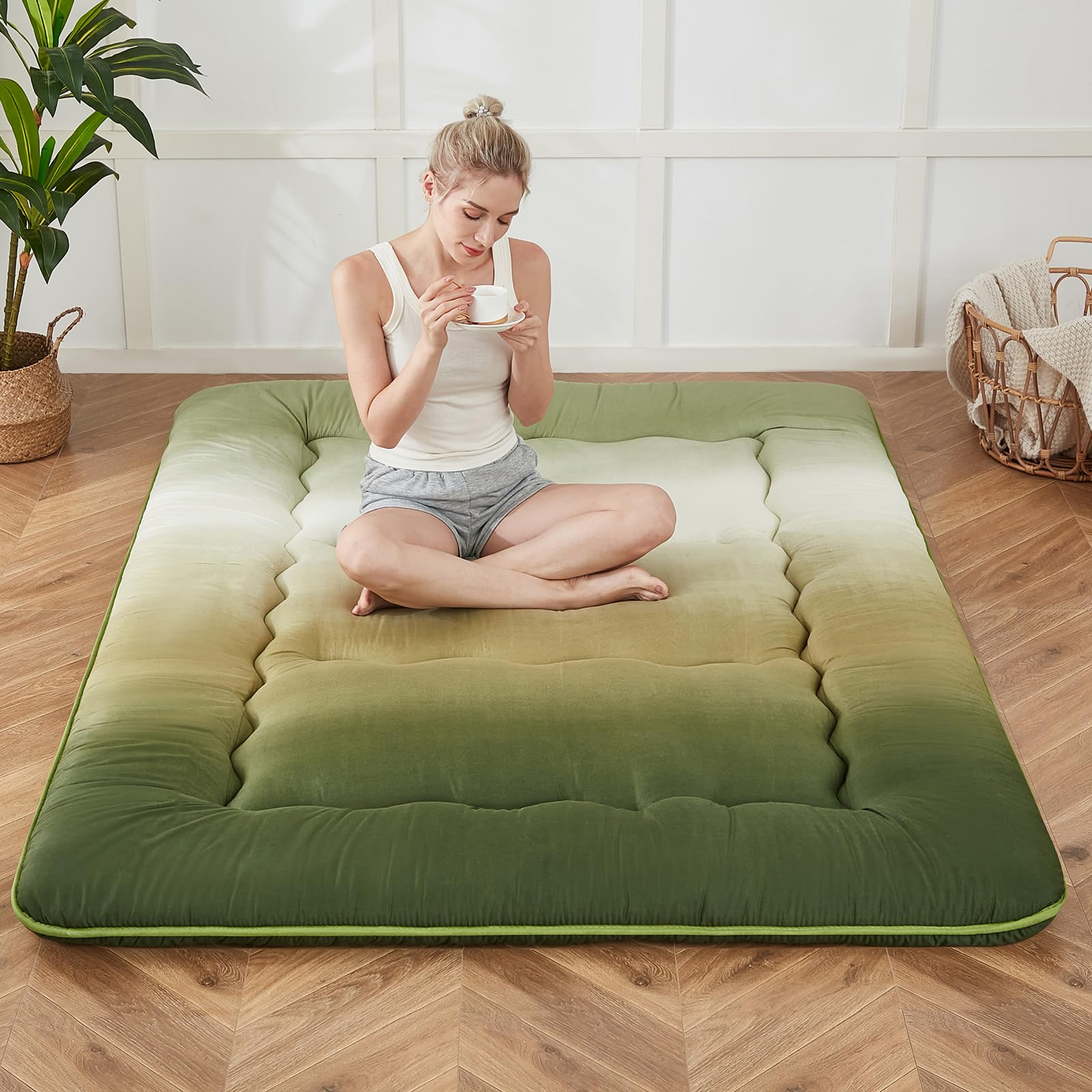Zelladorra Japanese Floor Mattress, Futon Mattress with Portable Storage Bag and Washable Cover, Roll Up Thick Tatami Mat Suitable for Camping, Guest Room (Forest Gradient, Twin)