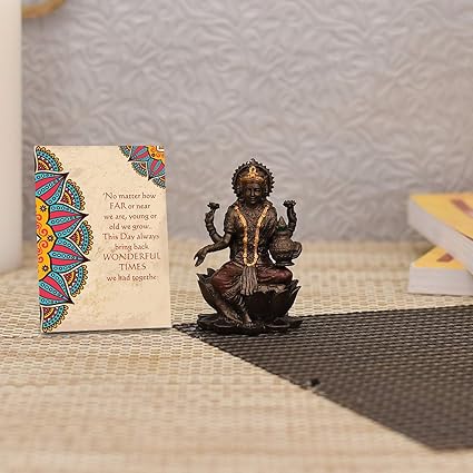 Collectible India Diwali Puja Set of Laxmi Idol Showpiece, 4 Matki Wax Diya Candles Tealight, Shubh Labh Toran Door Hanging , Lakshmi Charan Paduka Sticker Feet and Greeting Card