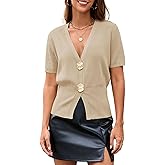 Tanming Womens Pullover Sweaters Solid Trendy Deep V Neck Button Up Waist Cinched Short Sleeve Knit Sweater Tops