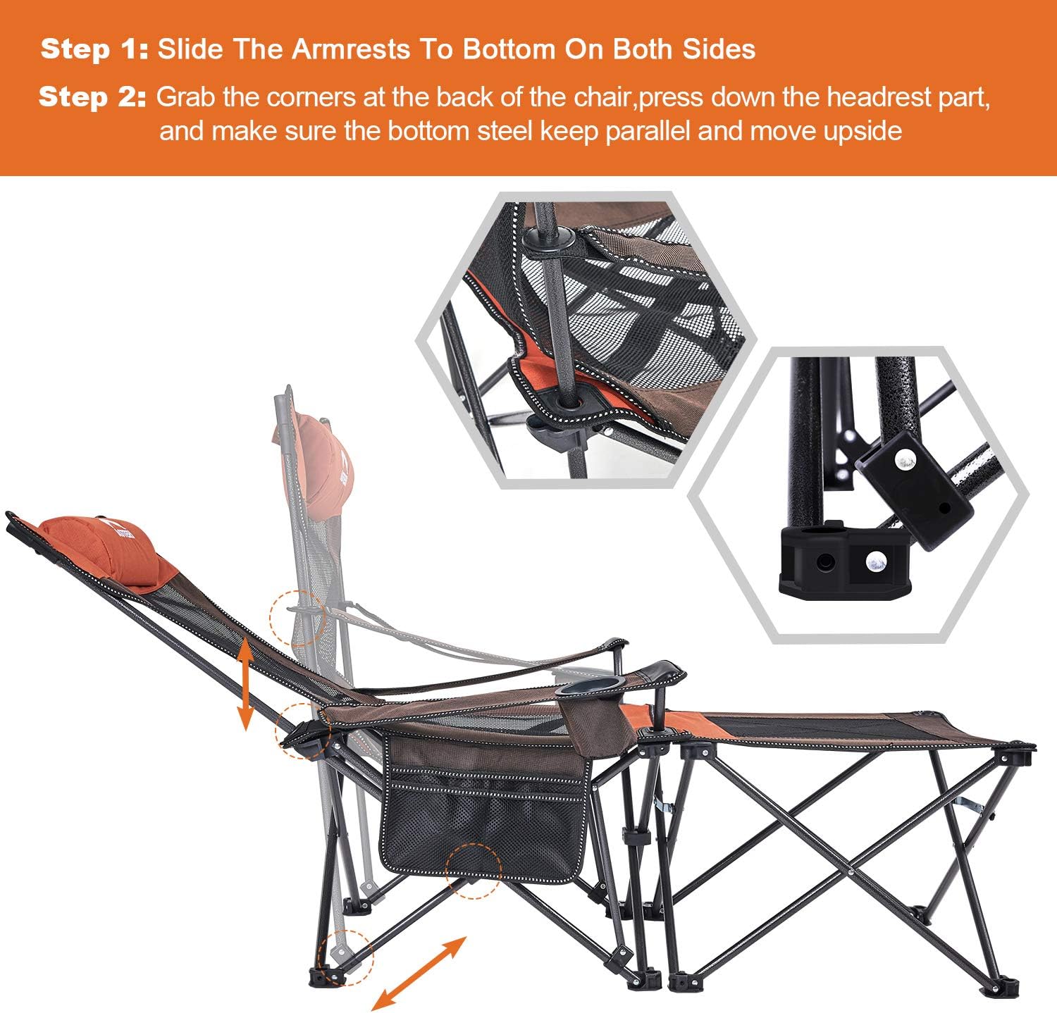 XGEAR Camping Chairs Folding Reclining Portable Chair with Cup Holder