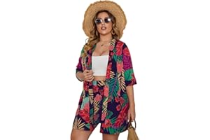 Floerns Women's Plus Size 2 Piece Outfit Tropical Print Kimono Top and Shorts Set