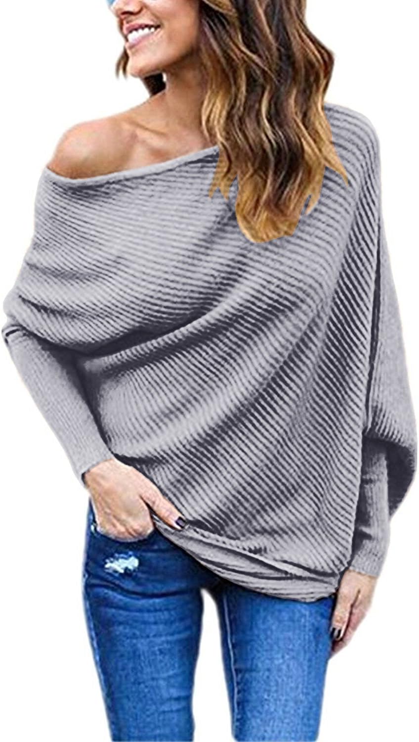 Salimdy Women's Sexy Off Shoulder Batwing Sleeve Oversized Loose Pullover Sweater Knit Jumper