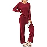 Ekouaer Lounge Sets for Women Ribbed Knit Pajama Sets 2 Piece Long Sleeve Pjs Soft Loungewear Outfits with Pockets
