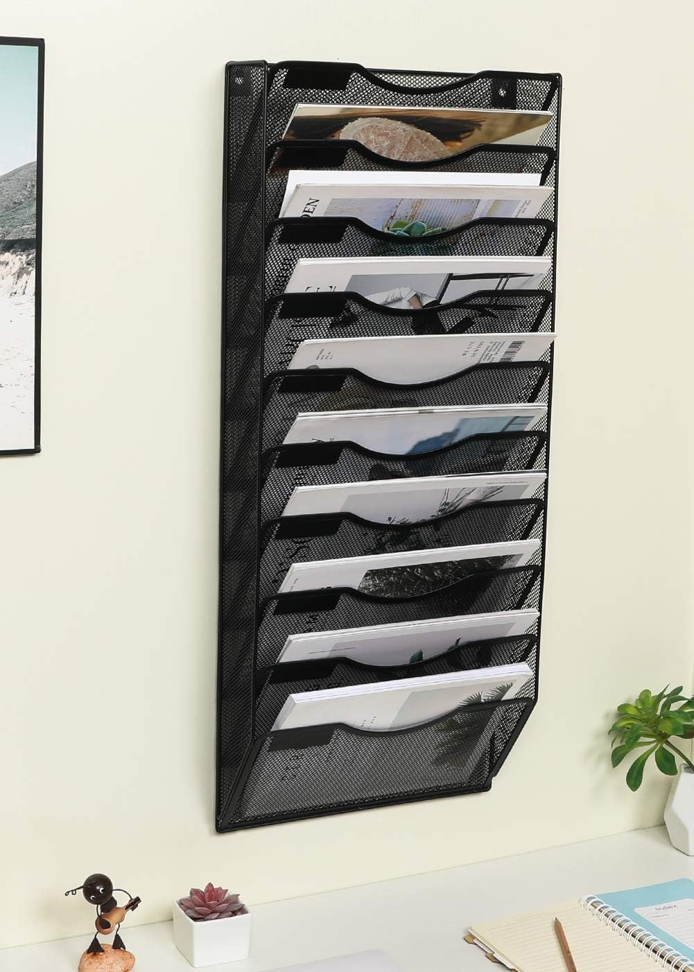 EasyPAG 10 Tier Wall File Organizer Office Mesh Metal Hanging File Folder Holder Magazine Rack, Black : Office Products