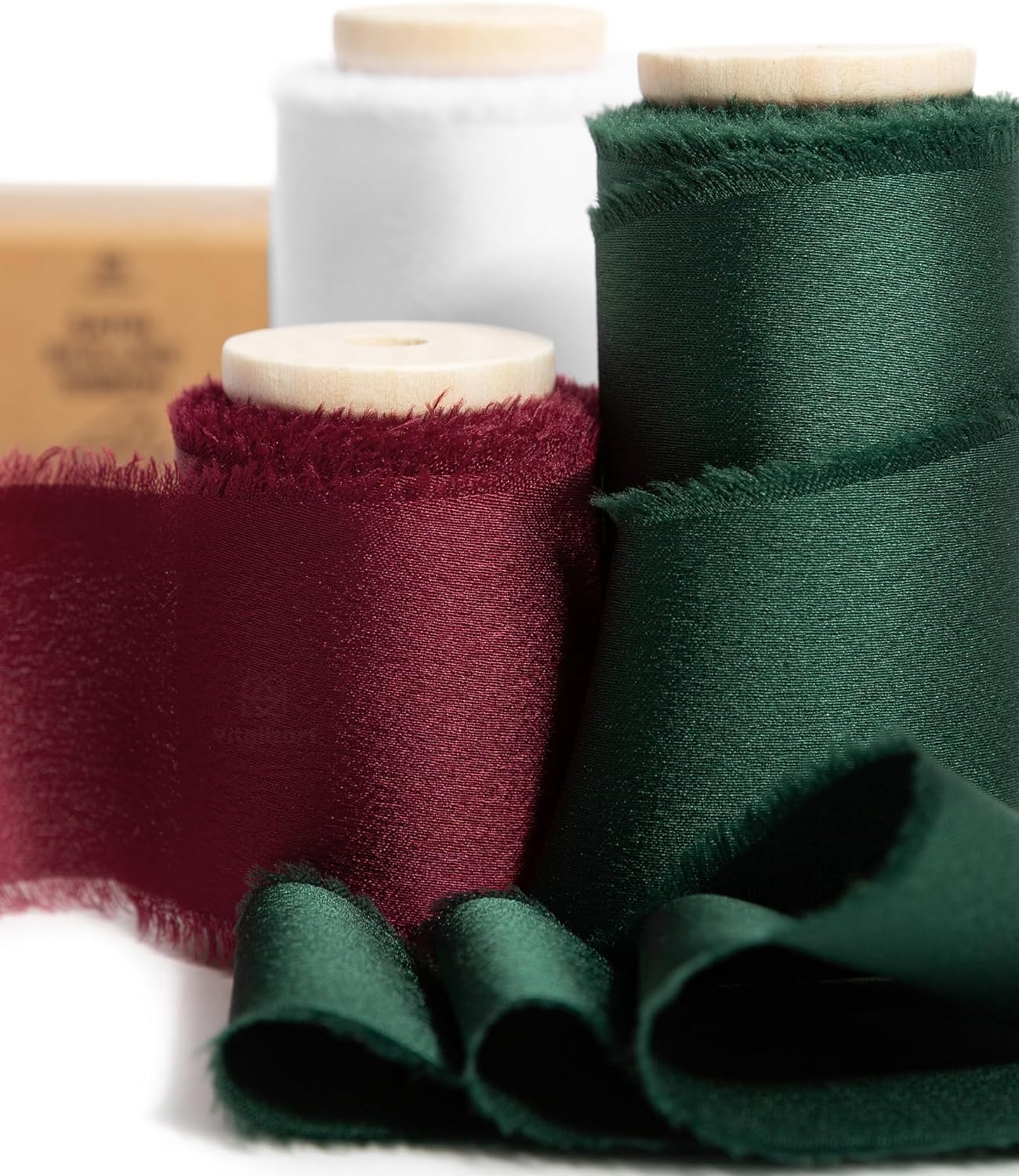 Vitalizart Christmas Silky Satin Ribbon, 1.5'' x 15 Yard with Wooden Spool, Green & White & Burgundy Handmade Fringe Ribbons for Gift Wrapping, Festive Decoration, DIY Craft, Wedding Bridal Bouquet